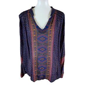 Lucky Brand Boho Aztec Festival Tunic Top V Neck Long Sleeve XL